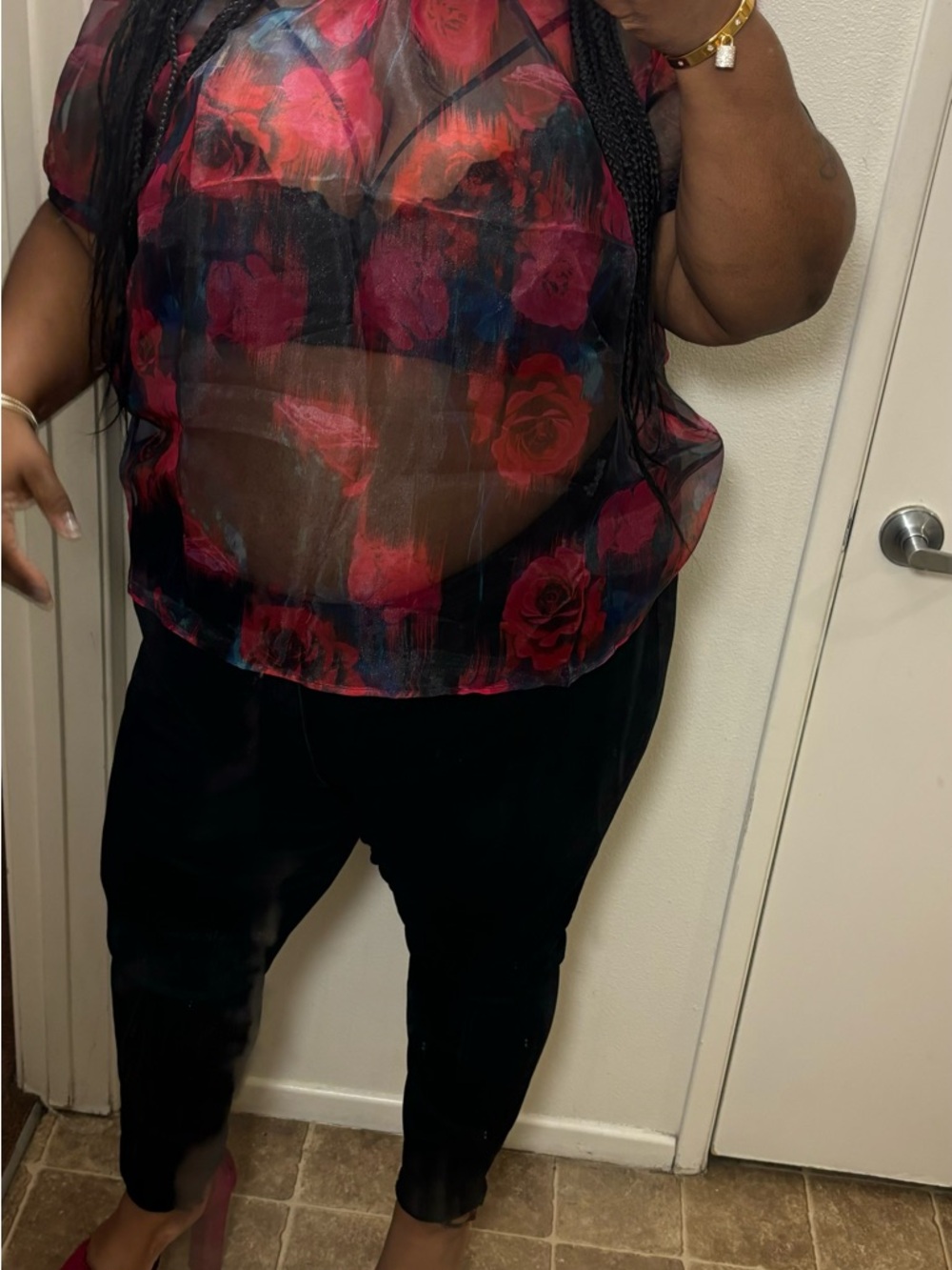 Torrid Sheer Floral Short Sleeve Blouse - Red Rose Print - Picture 3 of 11